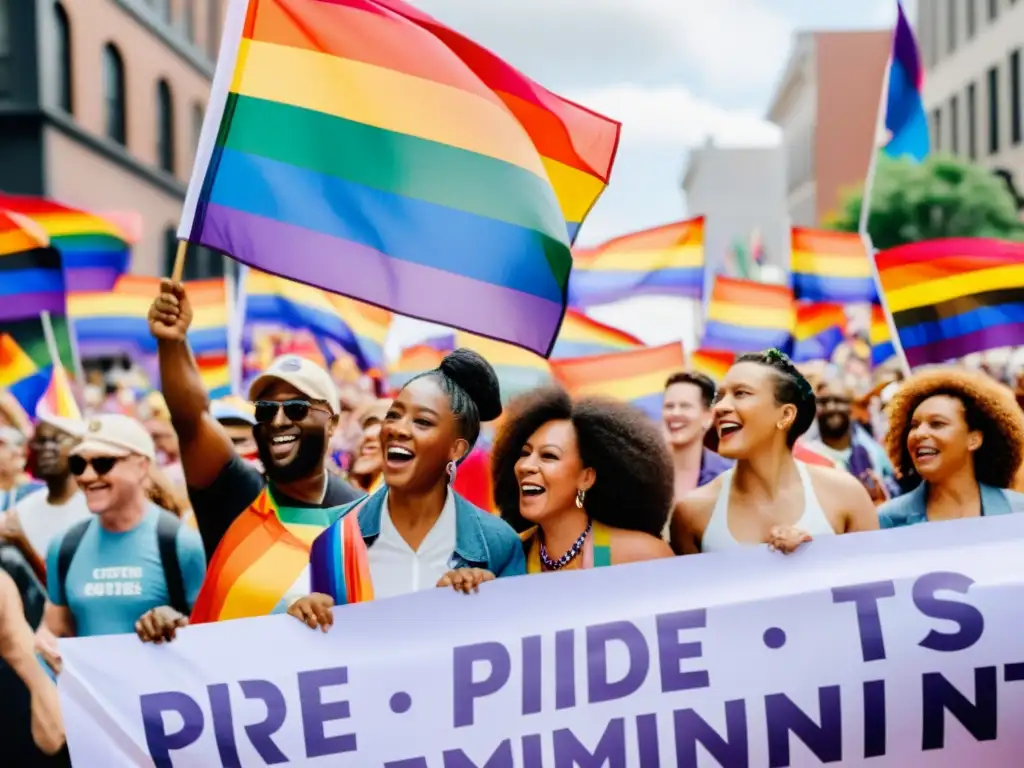 Manifestación de la comunidad LGBTIQ+ en marcha por el reconocimiento de identidades no binarias en la legislación, mostrando unidad y determinación