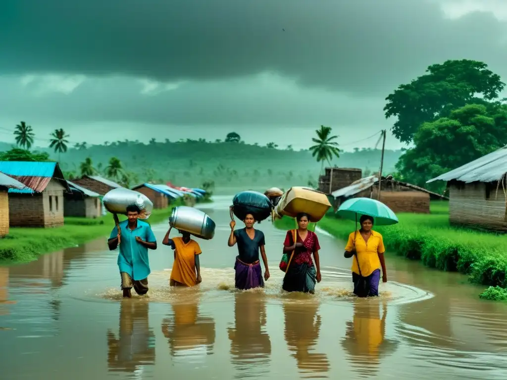 Comunidad en Bangladesh muestra resiliencia ante inundaciones, caminando en aguas con pertenencias sobre sus cabezas