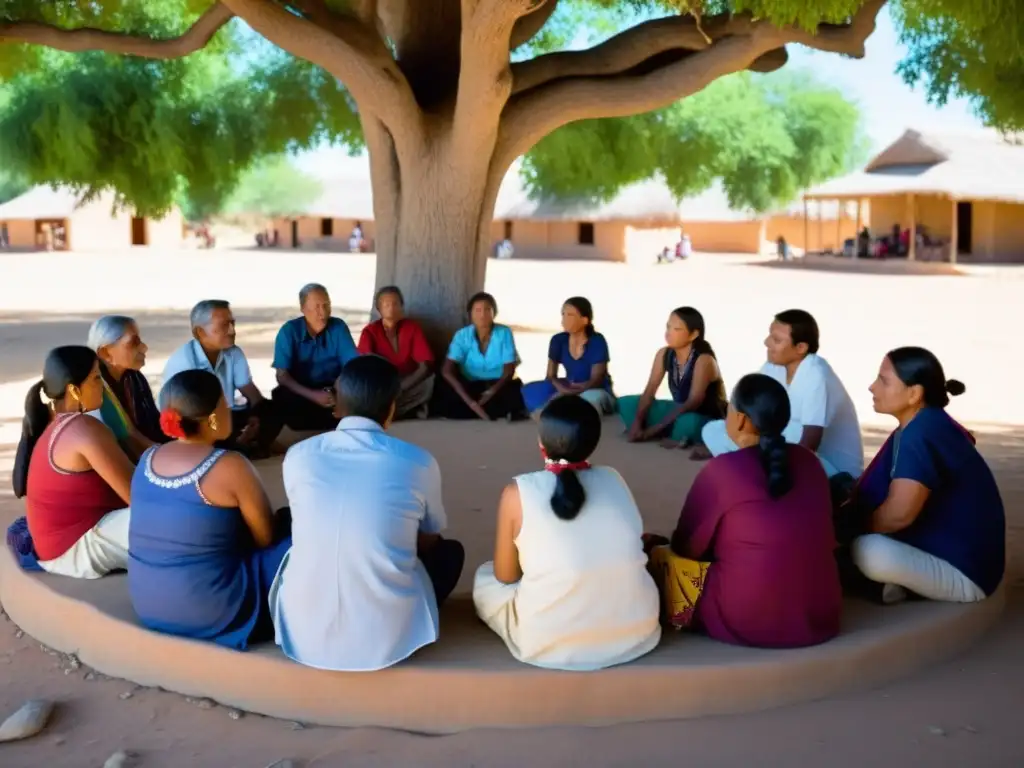 Comunidad Saramaka reunida bajo un árbol para consulta tradicional, resaltando el Derecho a la Consulta Previa Interamericana