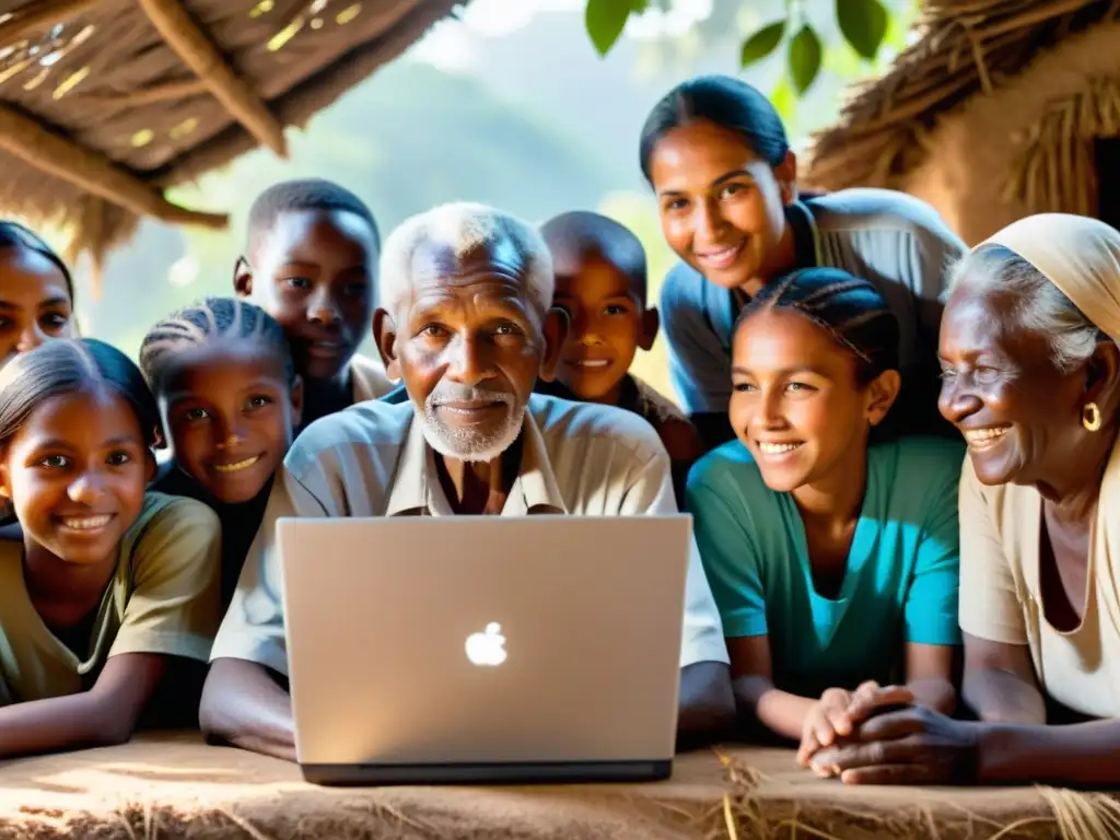 Comunidad reunida alrededor de una computadora en una aldea rural, reflejando estrategias inclusivas para cerrar la brecha digital global