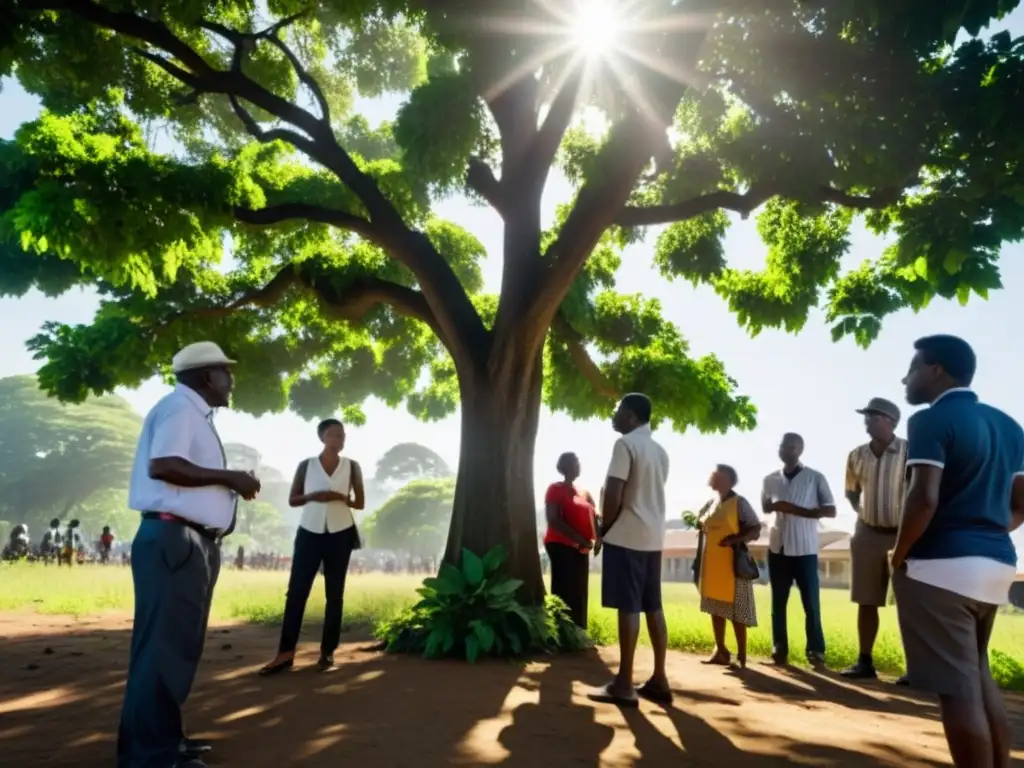 Comunidad reunida bajo un frondoso árbol en área urbana