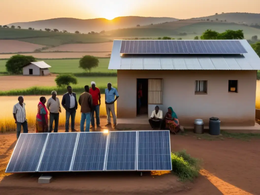 Comunidad rural usando paneles solares al atardecer