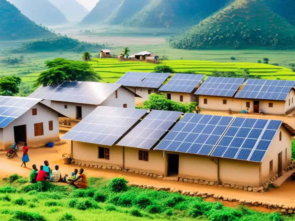 Comunidad rural usando paneles solares para acceder a energía limpia y derechos humanos