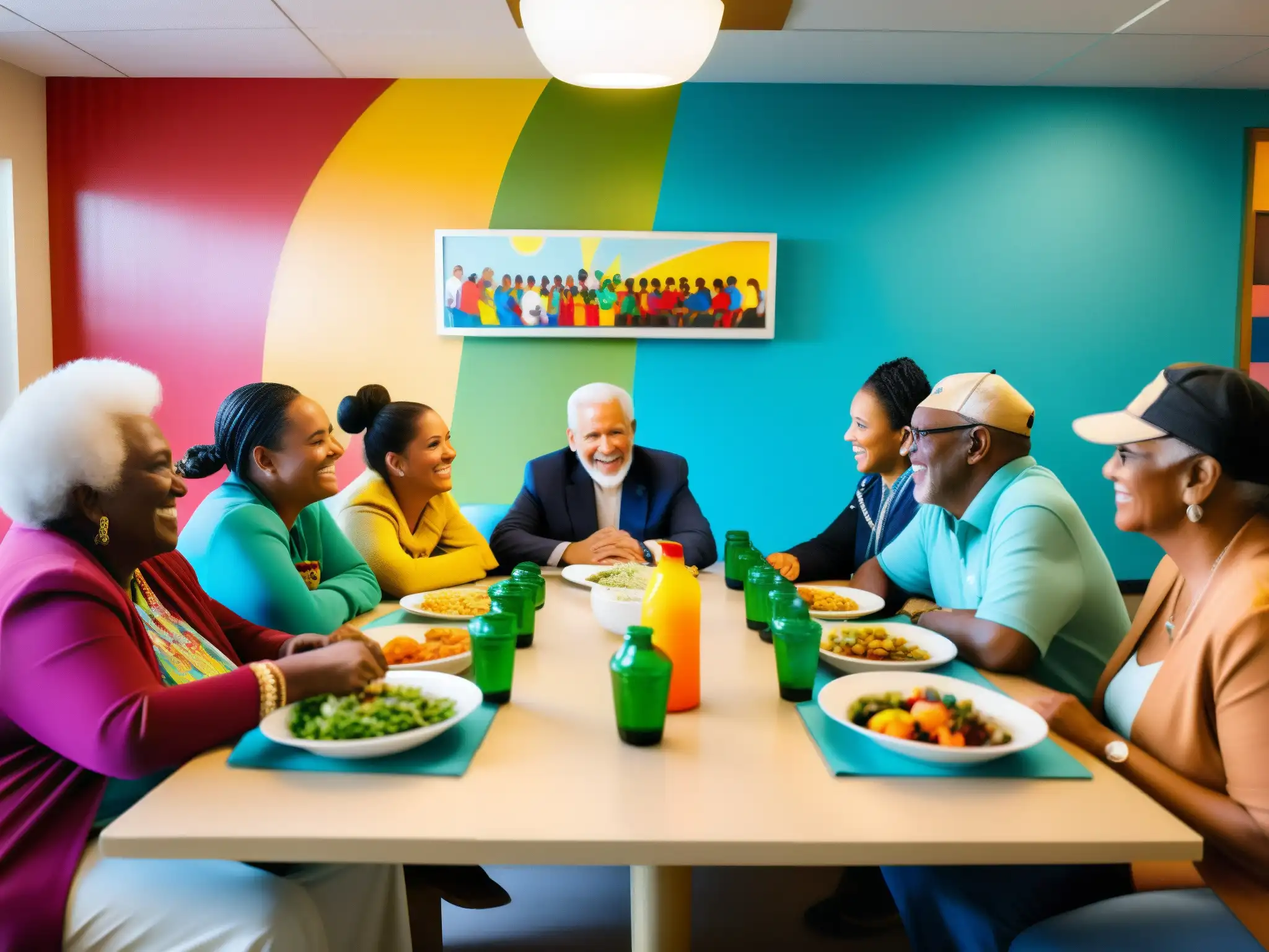 Comunidad unida compartiendo comida en centro comunitario, reflejando estrategias de derechos humanos que funcionan