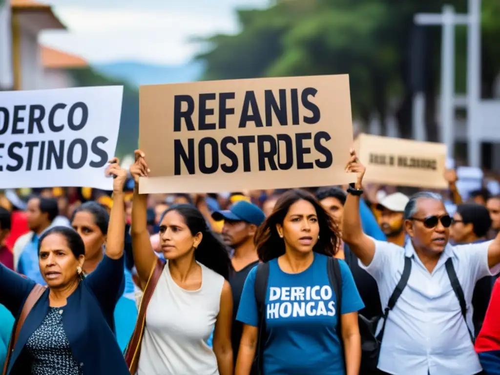 Comunidad unida sostiene pancartas con consignas en protesta por derechos humanos y conflictos ambientales