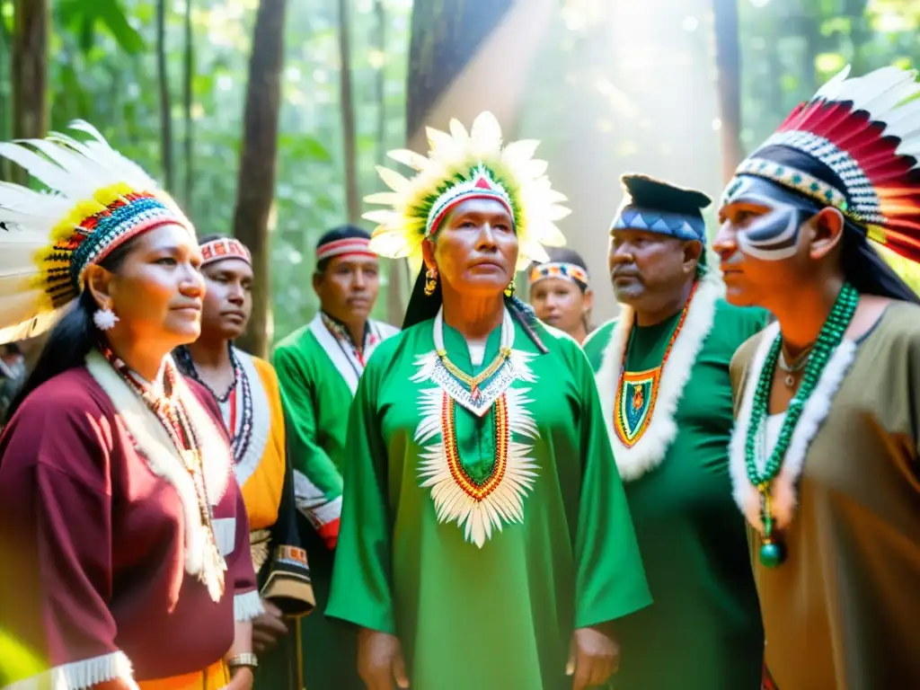 Comunidades indígenas en lucha por justicia climática, realizando danza ceremonial en el bosque