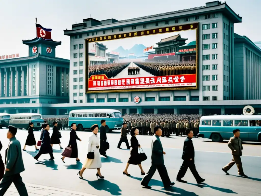 Una concurrida calle en Pyongyang, Corea del Norte, donde la vida diaria se ve en contraste con la presencia de autoridad y propaganda