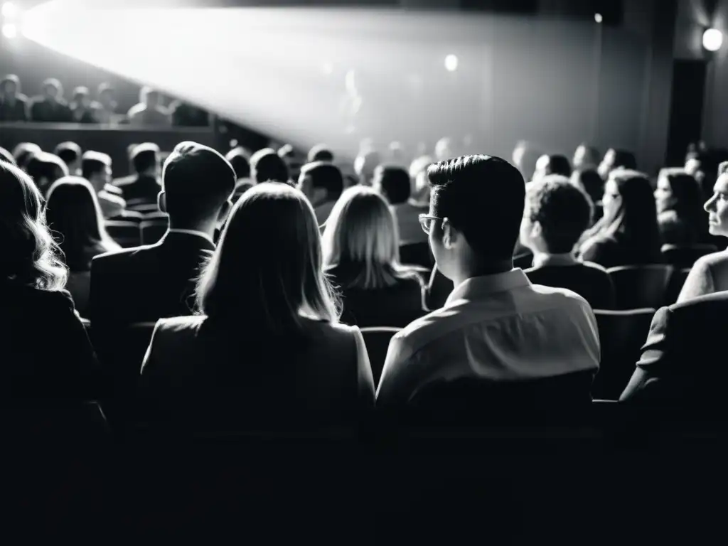 Una conmovedora fotografía en blanco y negro de un cine lleno, con rostros iluminados por la pantalla