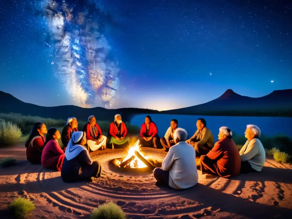 Una conmovedora escena de pueblos originarios reuniéndose alrededor de una fogata, compartiendo historias y cultura, bajo un cielo estrellado