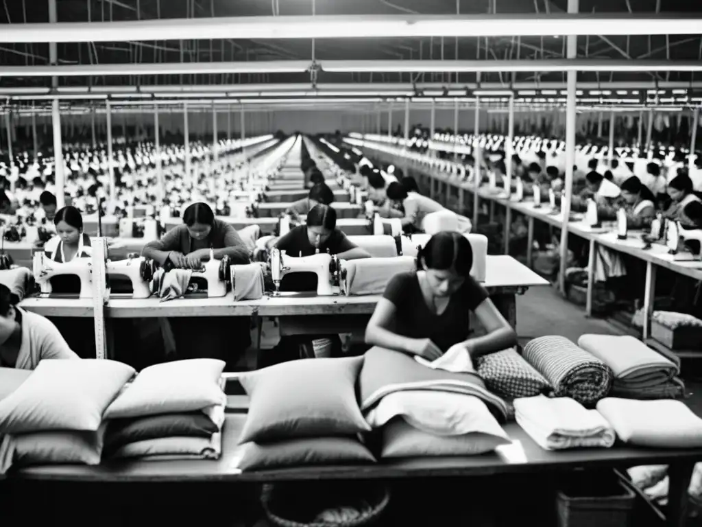 Conmovedora imagen de explotación laboral en la industria textil global, reflejando la dura realidad de los trabajadores en un sombrío taller de confección