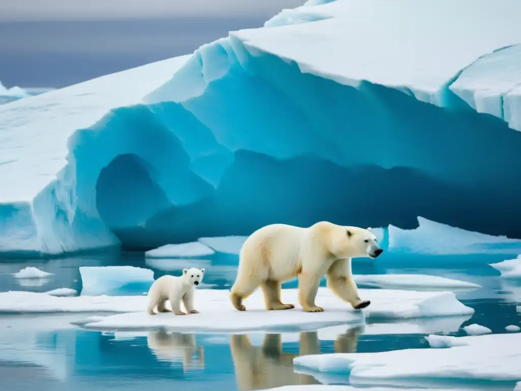 Conmovedora imagen de oso polar y su cría en el ártico, reflejando el impacto del cambio climático en los ecosistemas frágiles