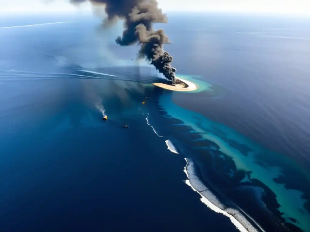 Consecuencias del derrame petrolero: Vista aérea de un vasto derrame de petróleo en el océano, con gruesas plumas oscuras serpenteando en el agua