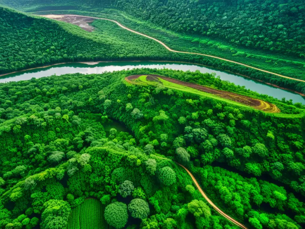 Contraste entre exuberante selva y mina a cielo abierto, simbolizando el impacto en recursos naturales y derechos humanos