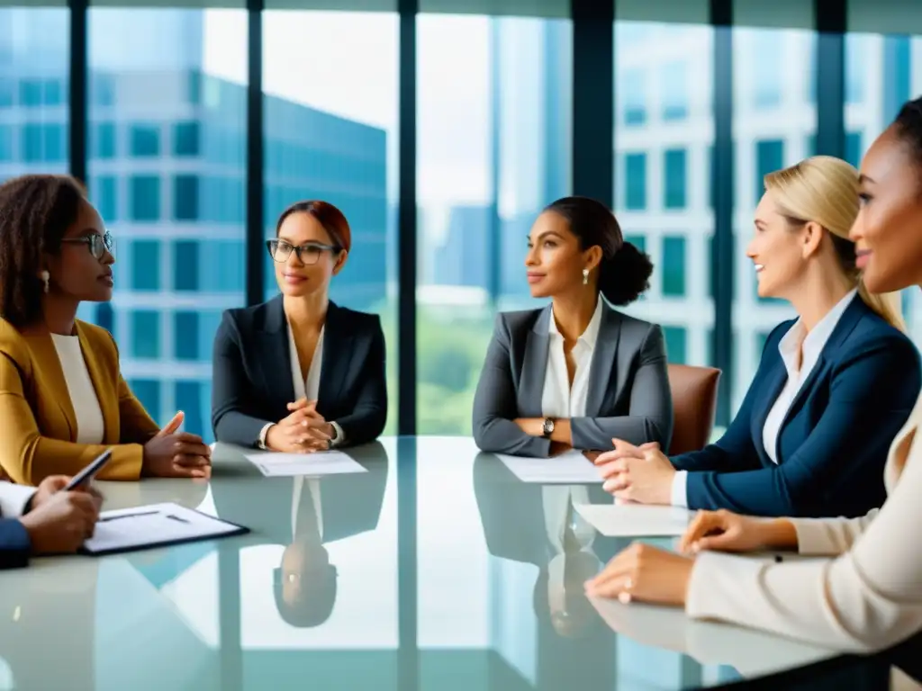 Conversación empoderada de mujeres profesionales en una sala de juntas moderna, representando la incorporación femenina en el trabajo