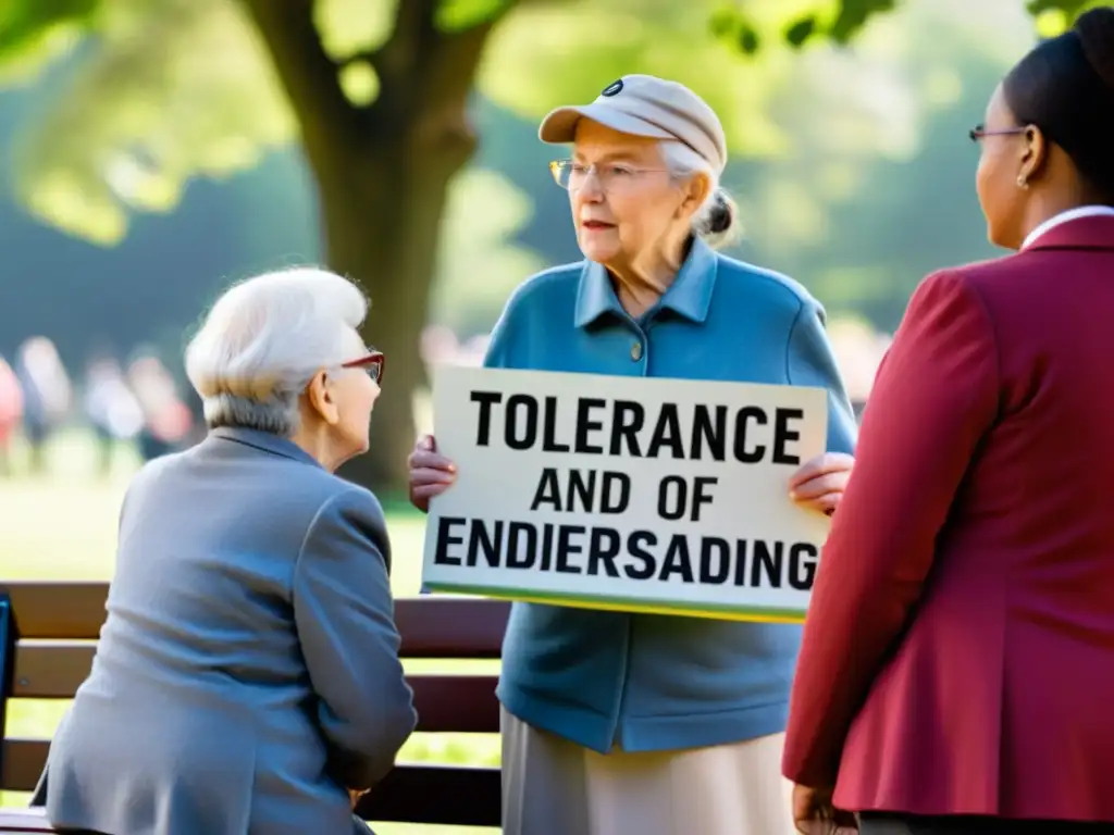 Conversación intergeneracional sobre derechos humanos y tolerancia en un parque vibrante y pacífico