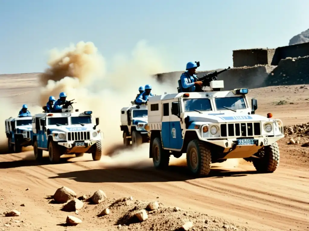 Convoy de Cascos Azules en terreno hostil, destacando su rol en derechos humanos