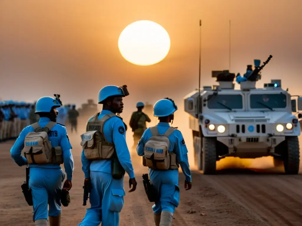 Misión de paz de la ONU: Determinación al atardecer Un convoy de vehículos militares con cascos azules de la ONU, soldados determinados y el sol poniéndose en el horizonte
