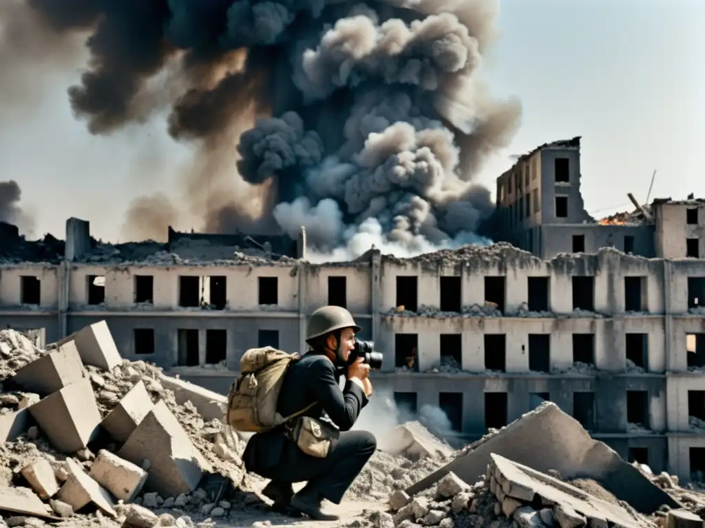 Corresponsal de guerra documentando derechos humanos en ciudad devastada por conflicto, humo y civiles desplazados