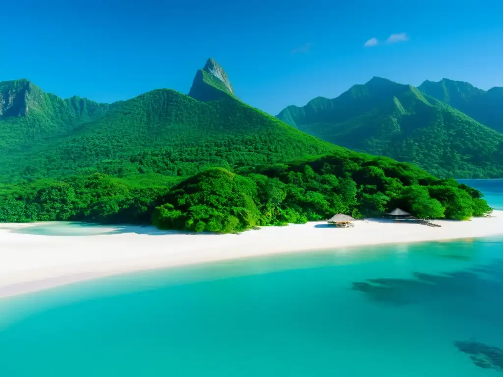 Costa de un pequeño estado insular con aguas turquesas y montañas verdes, reflejando su belleza natural y desafíos legales