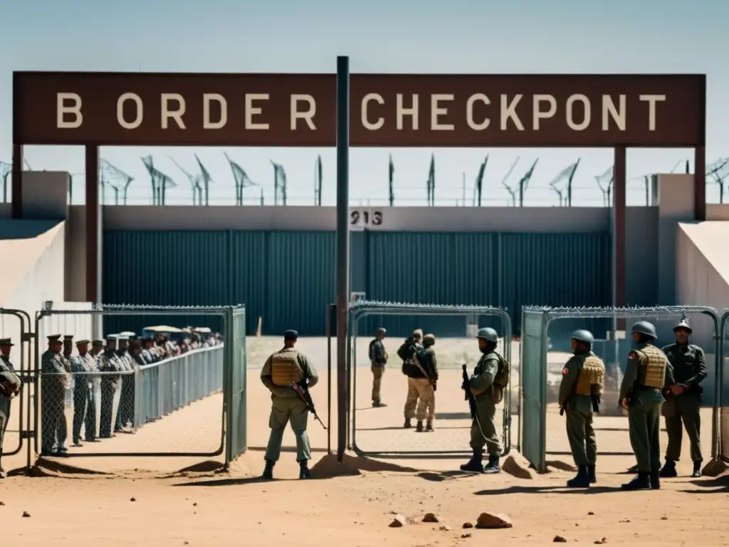 Un cruce fronterizo tenso con guardias armados y una larga fila de personas