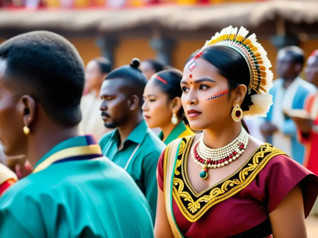 Danza ceremonial con participantes vestidos con atuendos tradicionales, transmitiendo respeto y dualidad ceremonias culturales derechos humanos