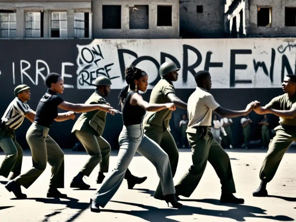 Danza prohibida: grupo desafiante bailando frente a soldados en escena de resistencia urbana