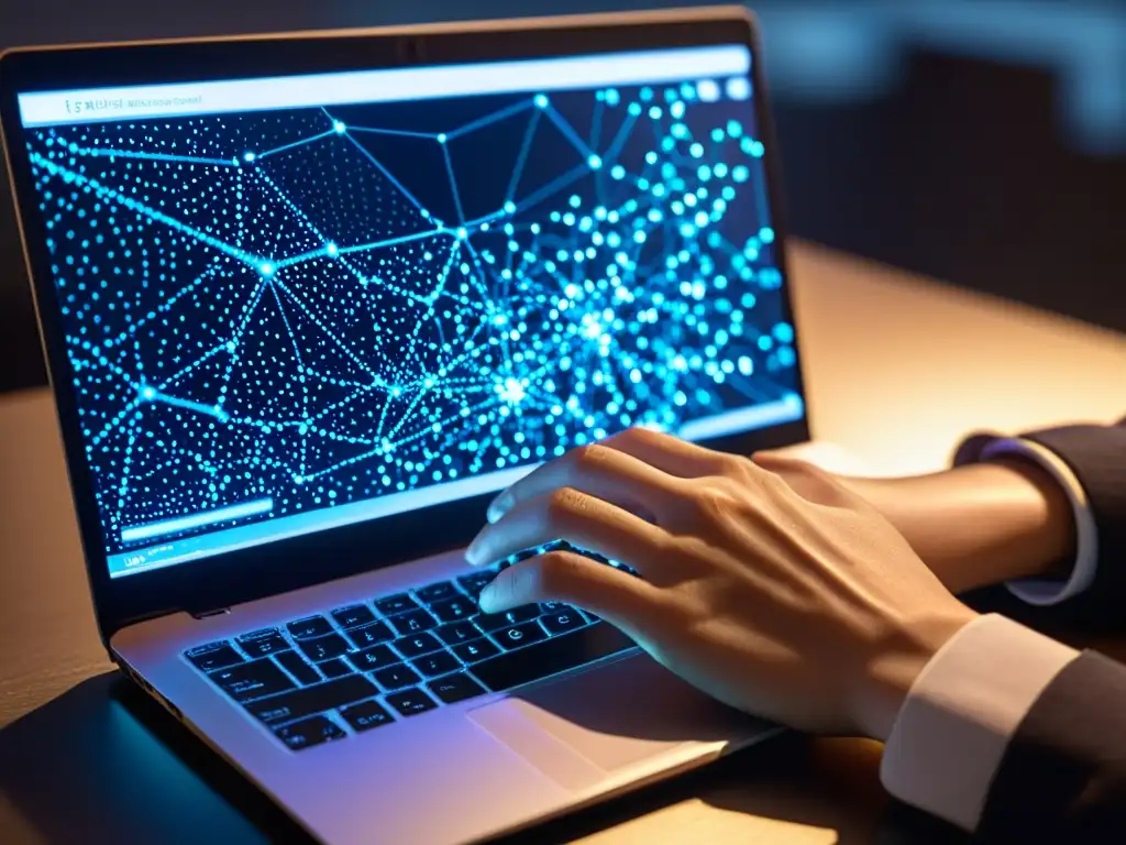 Dedos ágiles teclean en un teclado moderno, mientras la pantalla muestra una red de datos
