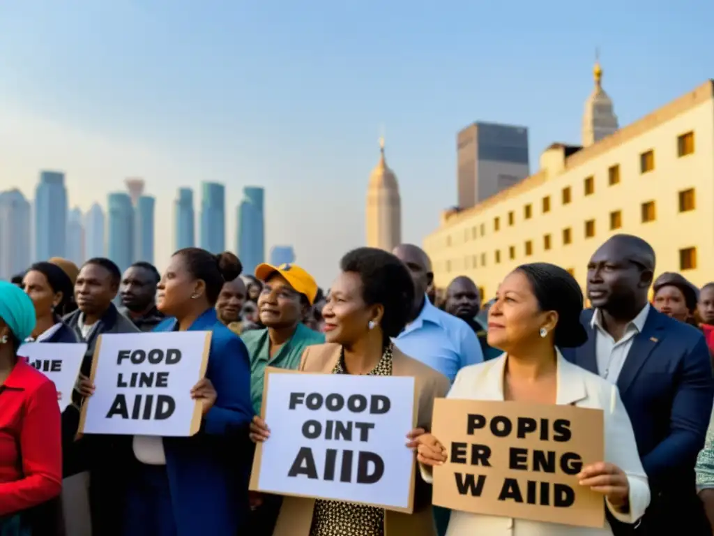 Defensores de derechos humanos luchando por el Derecho a una alimentación adecuada en un entorno urbano con gente esperando por ayuda alimentaria