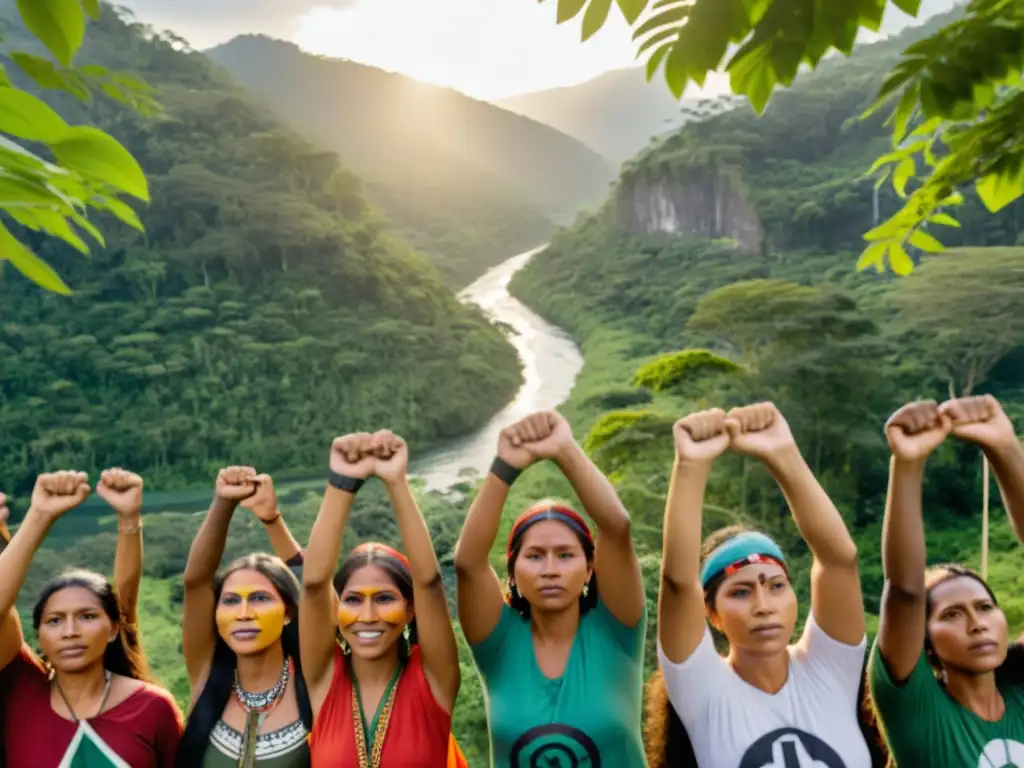 Defensores de la tierra en Camboya levantan los puños en solidaridad, con el rostro pintado y la selva exuberante de fondo