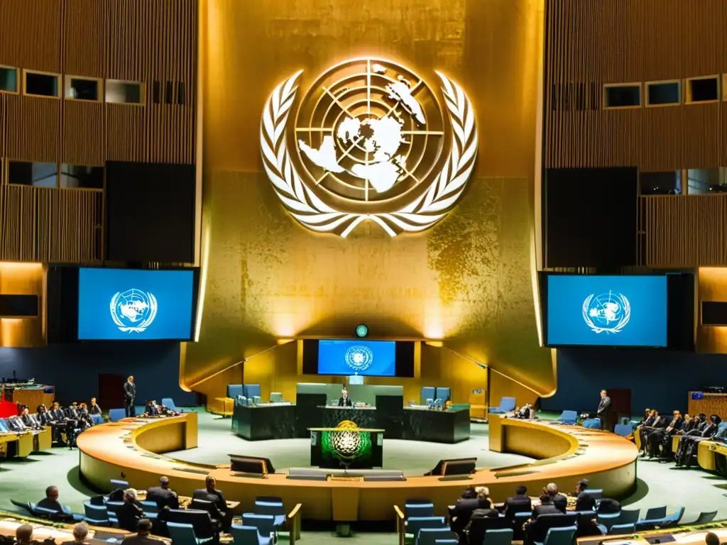 Delegados en acalorada discusión sobre las implicaciones del tratado de no proliferación nuclear en la sala de conferencias de la ONU