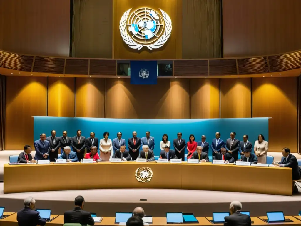 Delegados internacionales firmando la Convención de la ONU sobre el Derecho del Mar en una ceremonia formal, enfocados y determinados