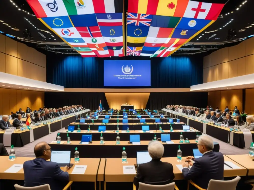 Delegados negociando en una sala de conferencias internacional, con banderas de diferentes países