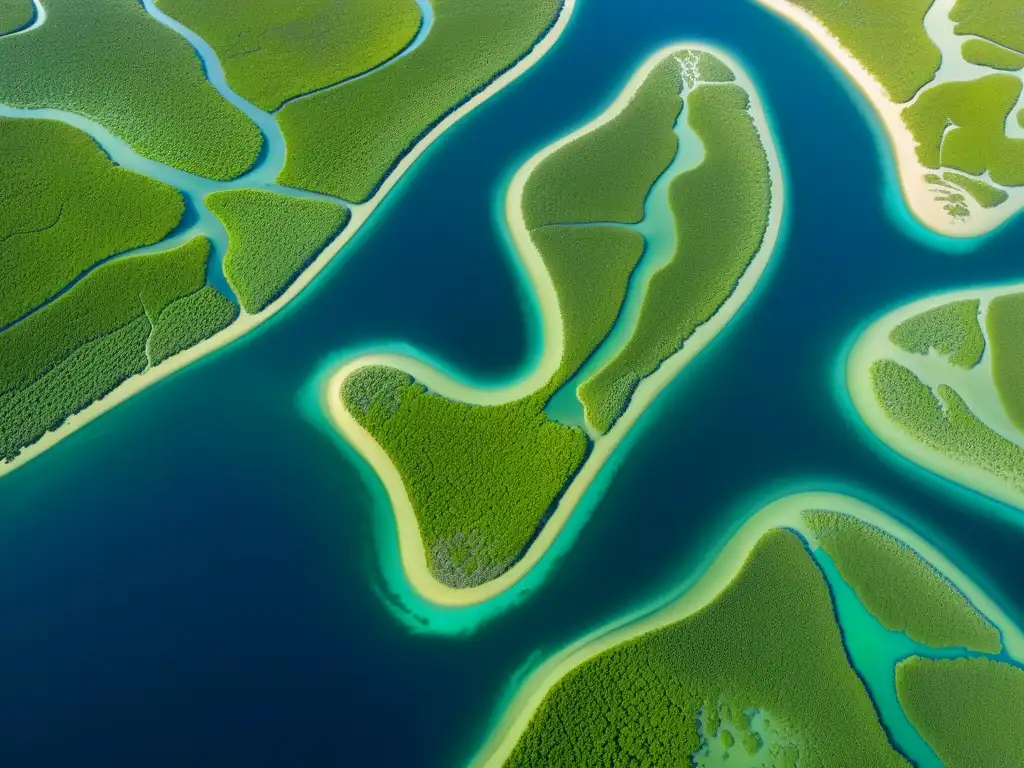 Un delta de río serpenteante entre humedales verdes, con agua brillante bajo el sol