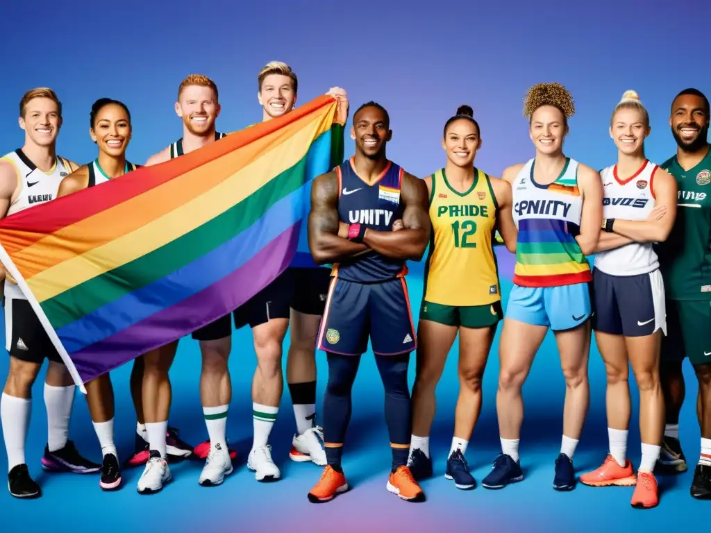 Inclusión LGBTQ+ en el deporte global: Atletas diversos unidos con banderas del arcoíris, compitiendo y celebrando victorias en diferentes deportes