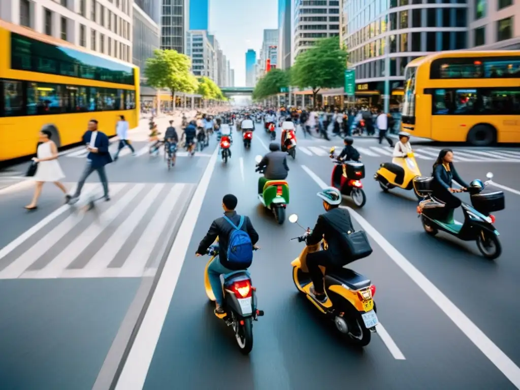 Derecho a desplazarse en la ciudad: Una bulliciosa calle urbana llena de diversidad, con peatones, bicicletas, scooters y autobuses