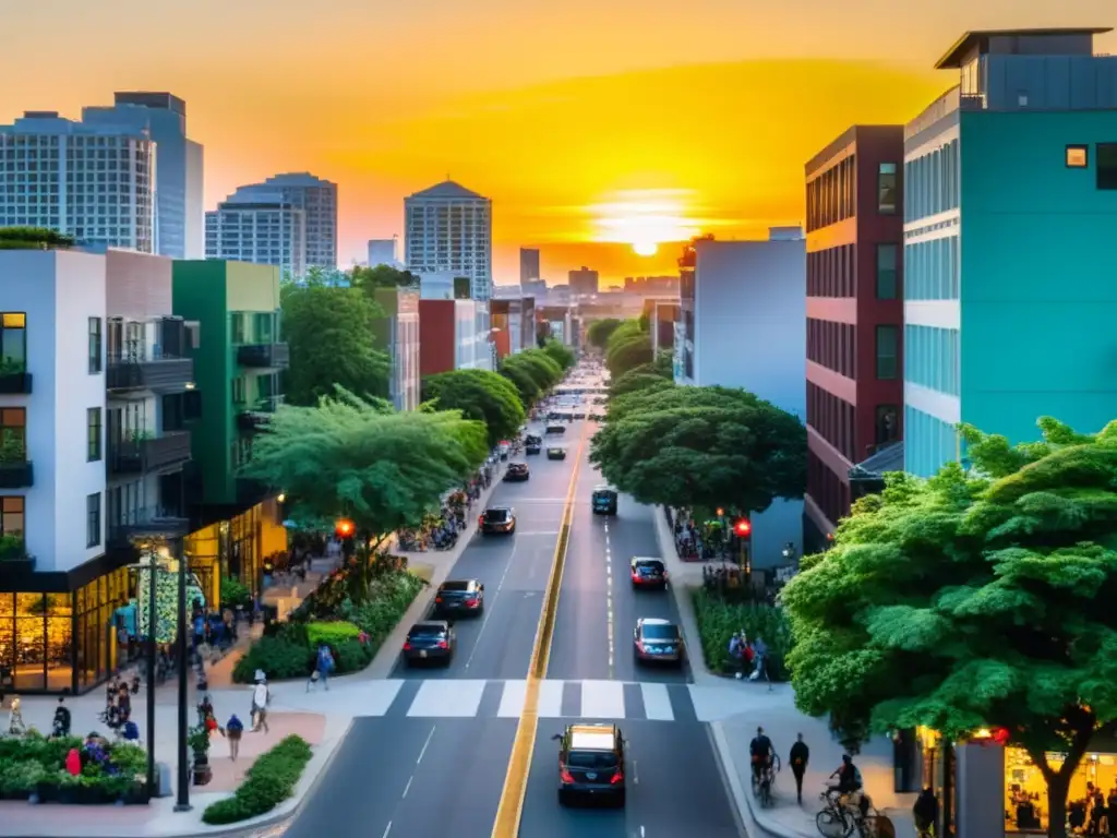 Derecho a la Ciudad en Clima Cambiante: Una animada calle de la ciudad con edificios variados, gente y arte callejero, bañada por el sol al atardecer