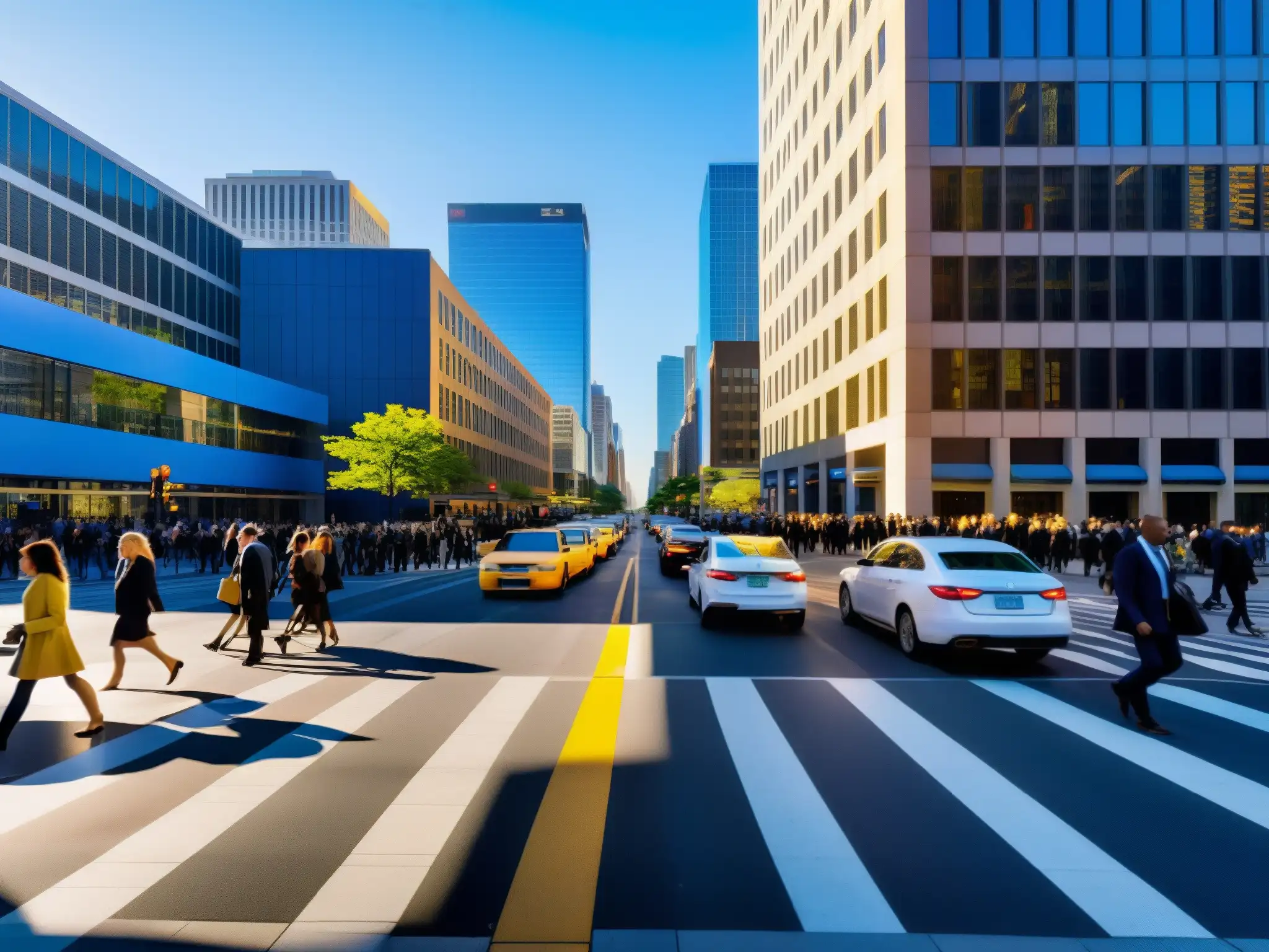 Derecho laboral en la era digital: Una ciudad bulliciosa refleja la energía y la prisa del ritmo urbano al atardecer