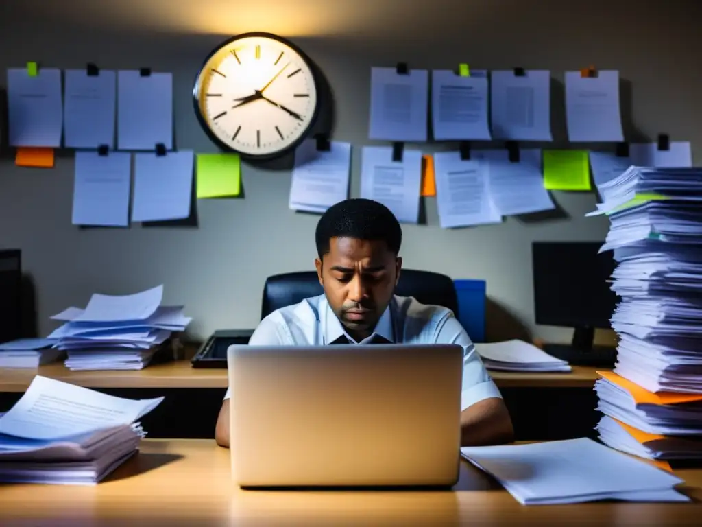 Derecho laboral en la era digital: Trabajador fatigado en oficina con papeles y laptop, reflejando el desafío del equilibrio trabajo-vida