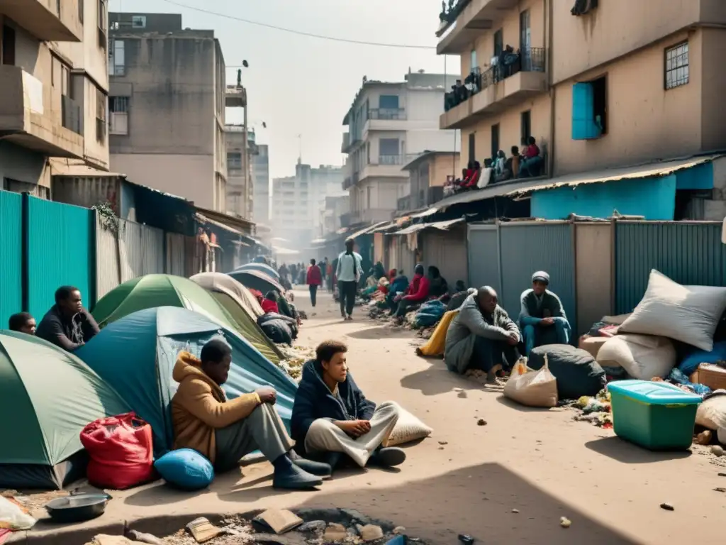 Derecho al ocio y descanso: Escena urbana con edificios en mal estado, gente sentada en aceras entre escombros, reflejando la dura realidad de la pobreza