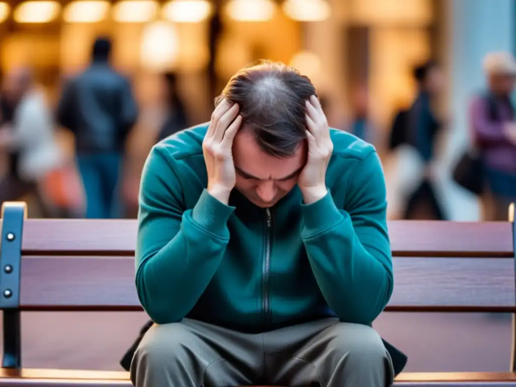 Derecho a ser escuchado en salud mental: Persona sola en un banco, rostro afligido entre manos, rodeada de multitudes ajenas