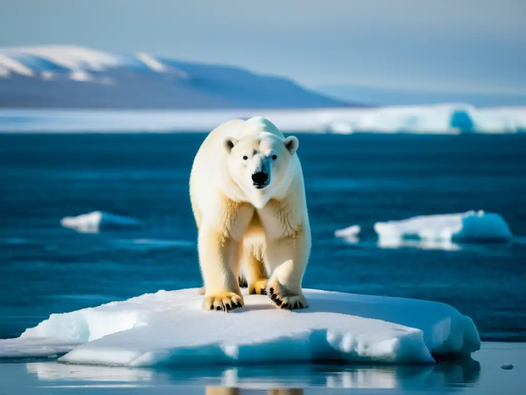 Derechos de los animales en el cambio climático: Oso polar en un témpano de hielo derritiéndose, reflejando vulnerabilidad y urgencia