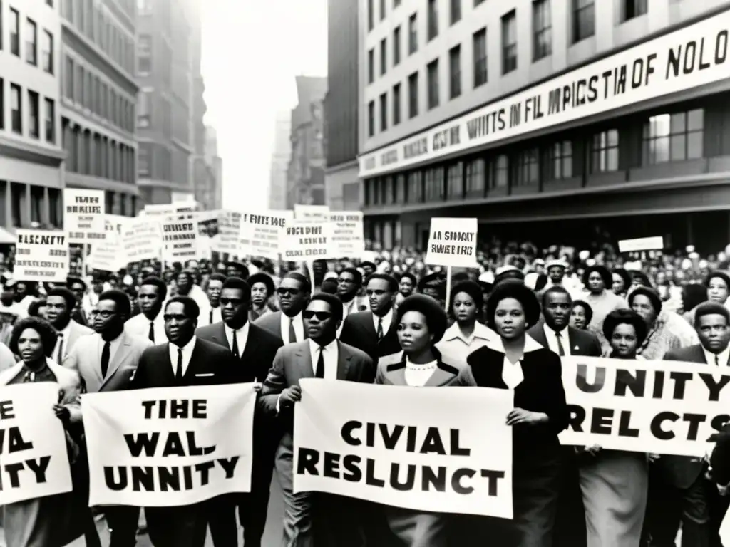 Manifestación histórica de derechos civiles en blanco y negro, reflejando la lucha y la representación de minorías en medios