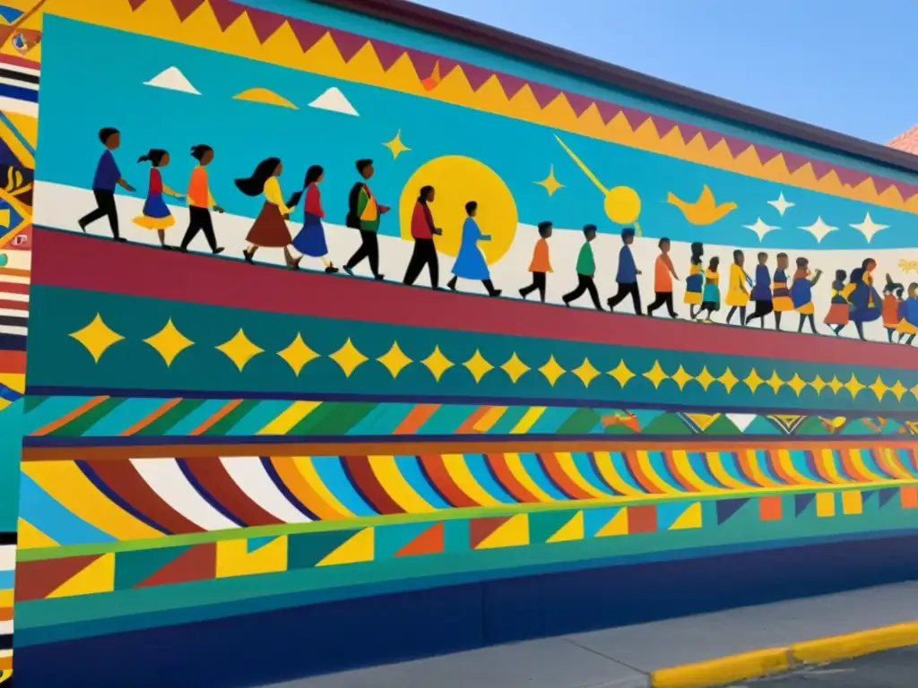 Derechos culturales poblaciones migrantes: Colorido mural urbano celebrando la diversidad cultural y la unión de comunidades migrantes en la ciudad