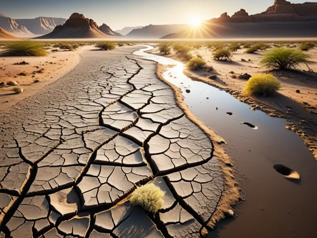 Derechos hídricos en un mundo caliente: paisaje árido con lecho de río seco y plantas marchitas en el sol abrasador