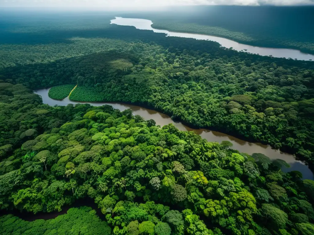 Derechos humanos en conservación biodiversidad: Vista aérea impresionante de la exuberante selva amazónica, con su dosel verde y ríos serpenteantes