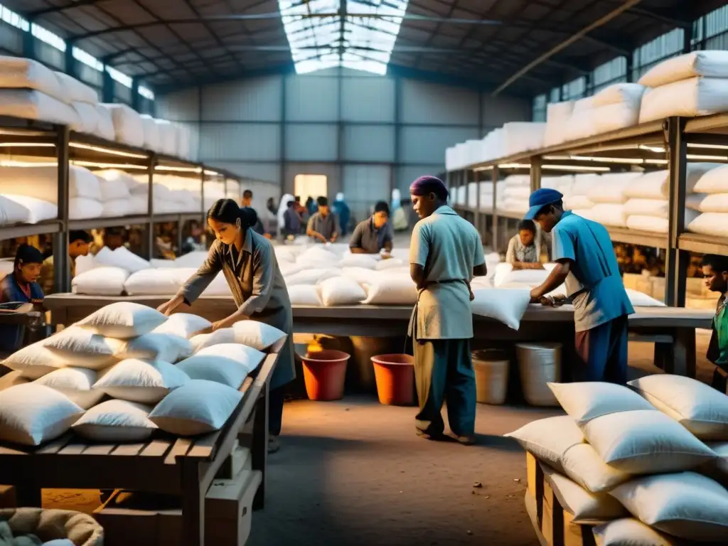 Derechos humanos en cadenas globales: Trabajadores agotados en fábrica subdesarrollada, rodeados de materiales y productos a medio terminar