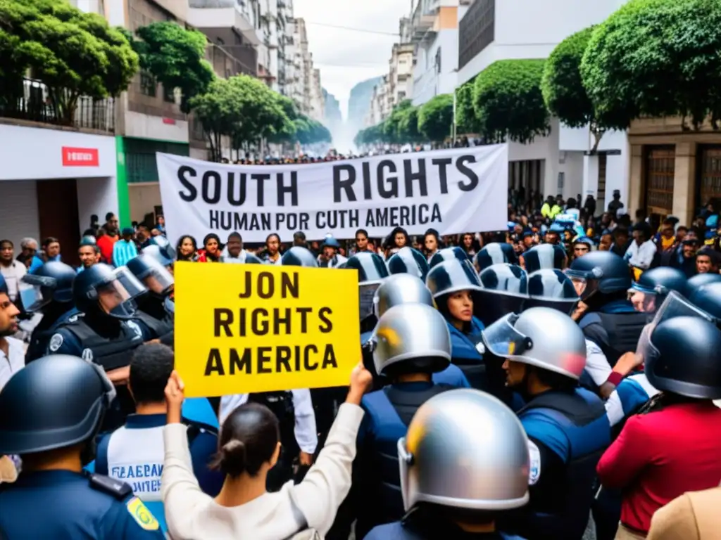 Manifestación por derechos humanos en una ciudad sudamericana, activistas vs policía