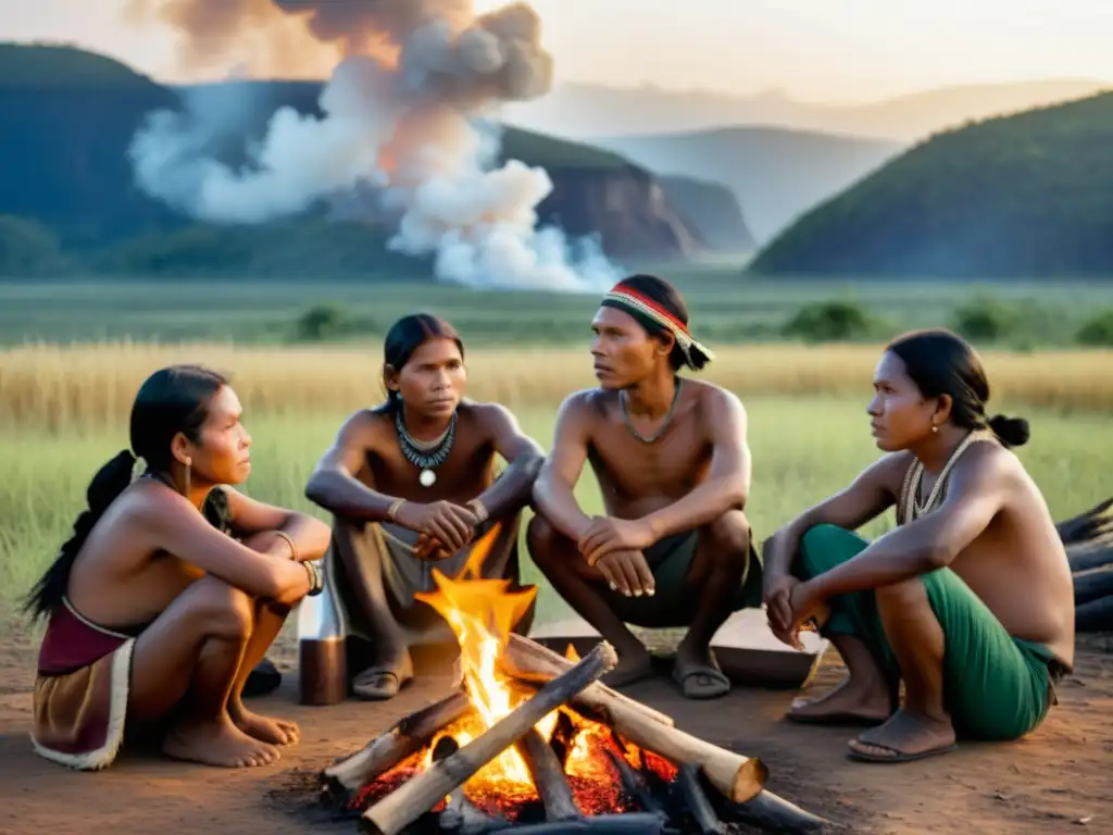 Derechos humanos de comunidades indígenas: Grupo de indígenas junto al fuego en paisaje deforestado, expresando resiliencia ante desafíos ambientales