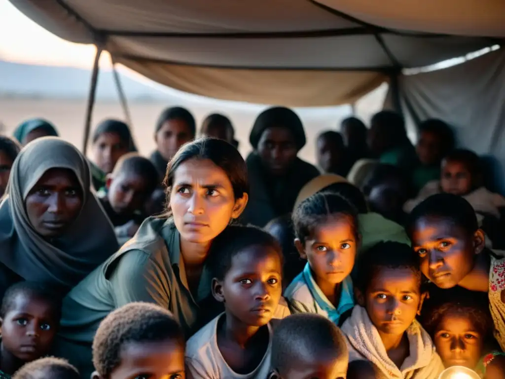 Derechos humanos en conflictos armados: Mujeres y niños desplazados se refugian en precario abrigo, mostrando resiliencia y miedo ante la violencia