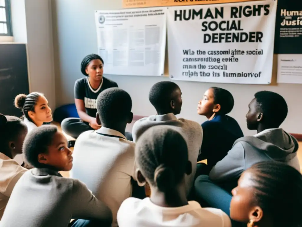 Derechos humanos en el currícula escolar: Estudiantes atentos discuten con defensor en aula llena de pasión y luz natural